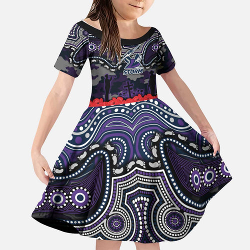 ANZAC Day Melbourne Storm Kid Short Sleeve Dress Military Memorial Aboriginal Indigenous Art