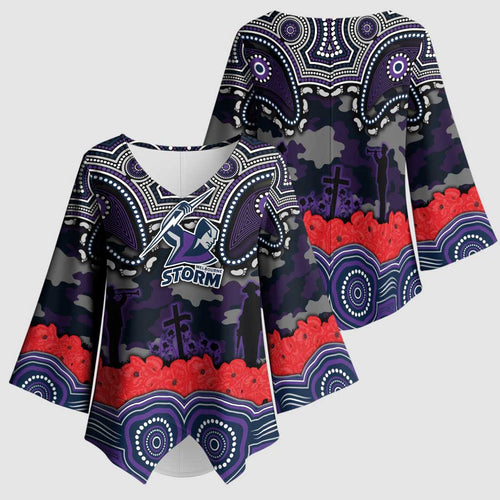 ANZAC Day Melbourne Storm Kimono Sleeve Blouse Military Memorial Aboriginal Indigenous Art