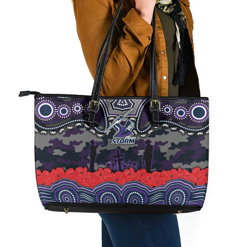 ANZAC Day Melbourne Storm Leather Tote Bag Military Memorial Aboriginal Indigenous Art