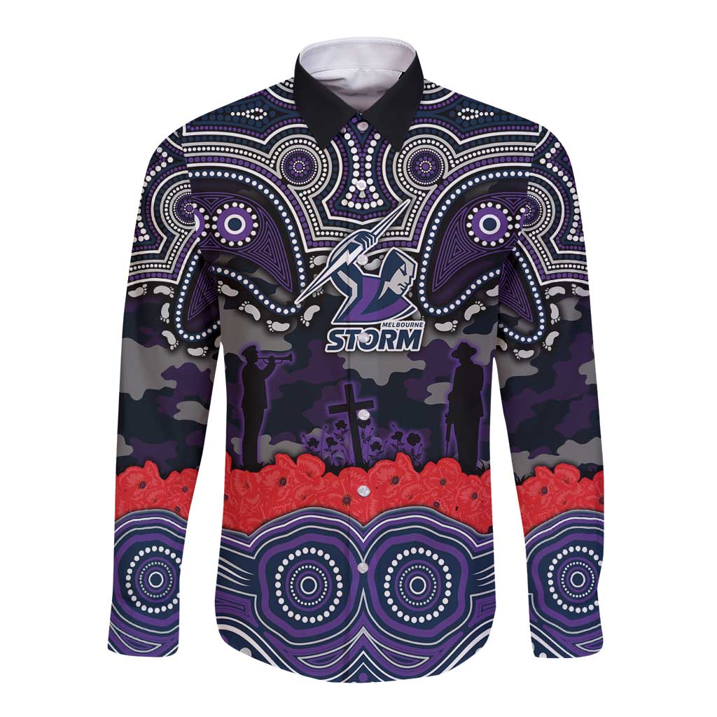ANZAC Day Melbourne Storm Long Sleeve Button Shirt Military Memorial Aboriginal Indigenous Art