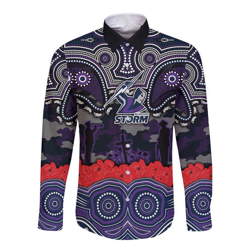ANZAC Day Melbourne Storm Long Sleeve Button Shirt Military Memorial Aboriginal Indigenous Art
