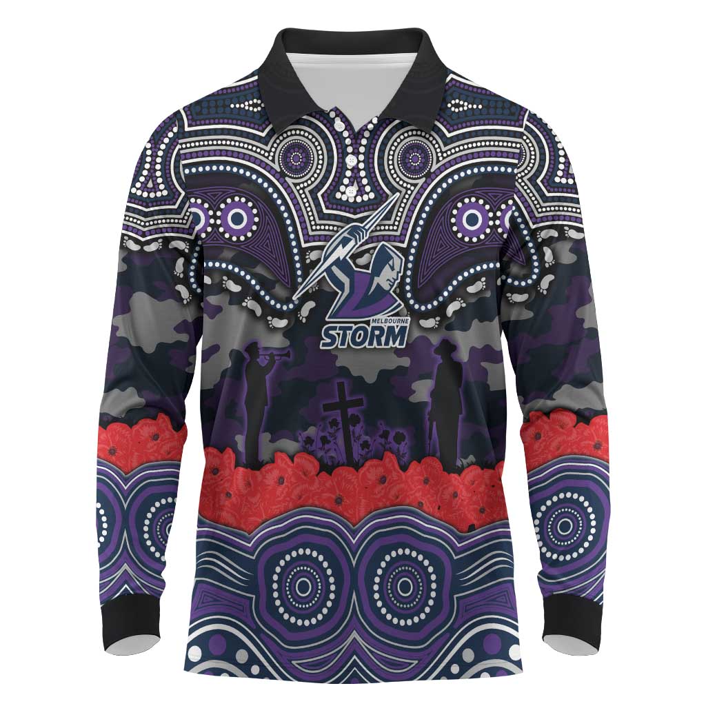 ANZAC Day Melbourne Storm Long Sleeve Polo Shirt Military Memorial Aboriginal Indigenous Art