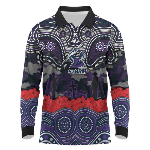 ANZAC Day Melbourne Storm Long Sleeve Polo Shirt Military Memorial Aboriginal Indigenous Art