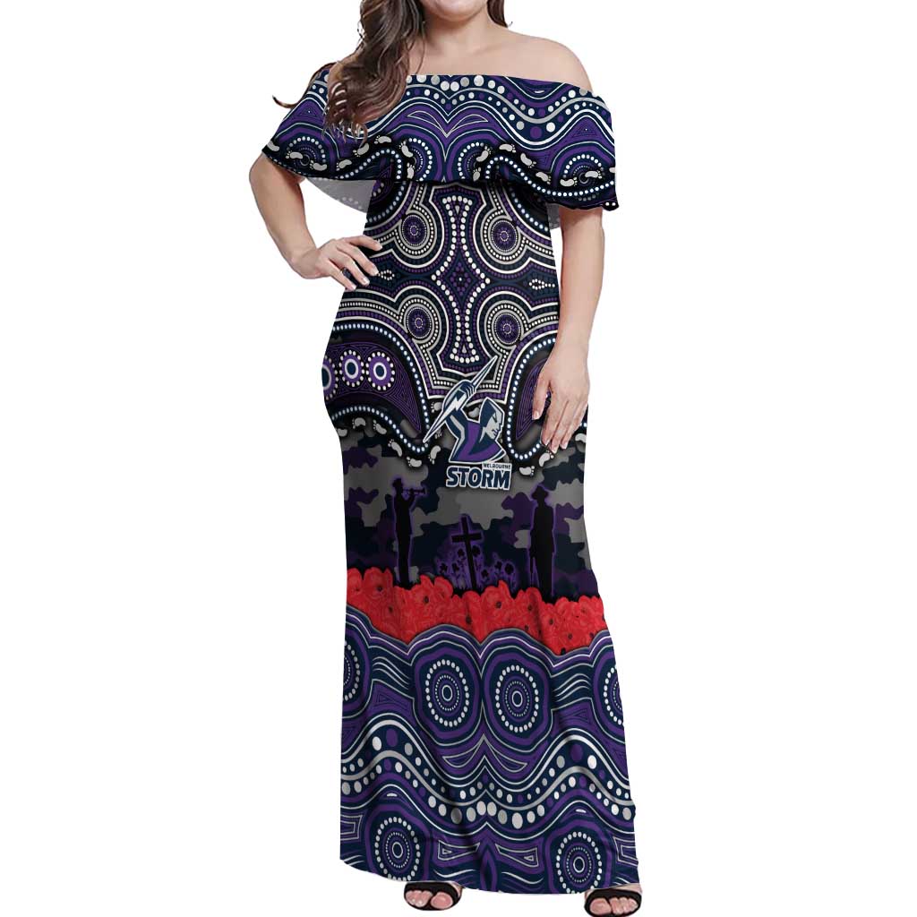 ANZAC Day Melbourne Storm Off Shoulder Maxi Dress Military Memorial Aboriginal Indigenous Art