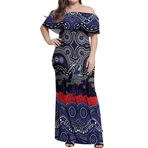 ANZAC Day Melbourne Storm Off Shoulder Maxi Dress Military Memorial Aboriginal Indigenous Art