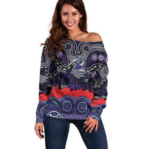 ANZAC Day Melbourne Storm Off Shoulder Sweater Military Memorial Aboriginal Indigenous Art