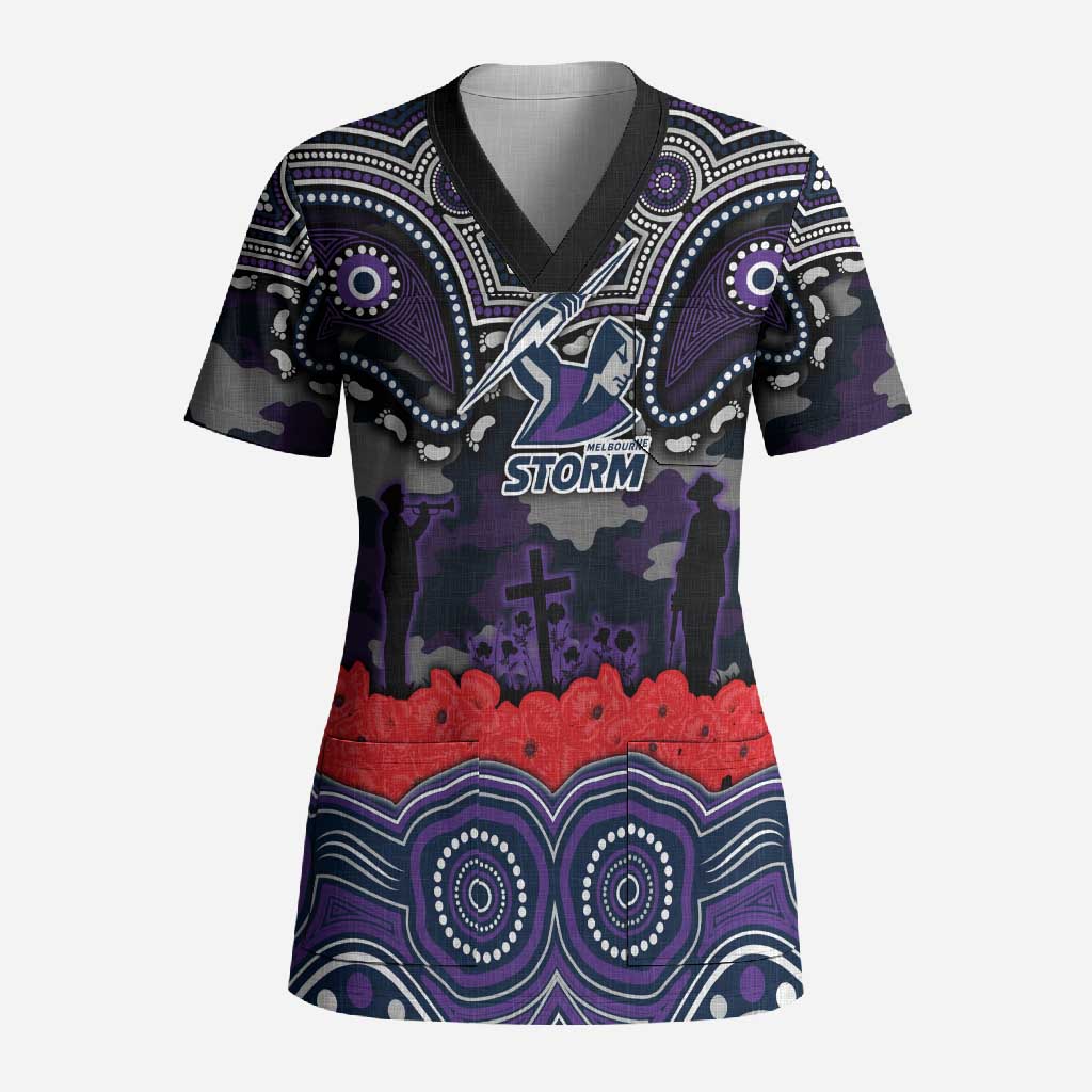 ANZAC Day Melbourne Storm Scrub Top Military Memorial Aboriginal Indigenous Art