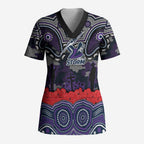 ANZAC Day Melbourne Storm Scrub Top Military Memorial Aboriginal Indigenous Art