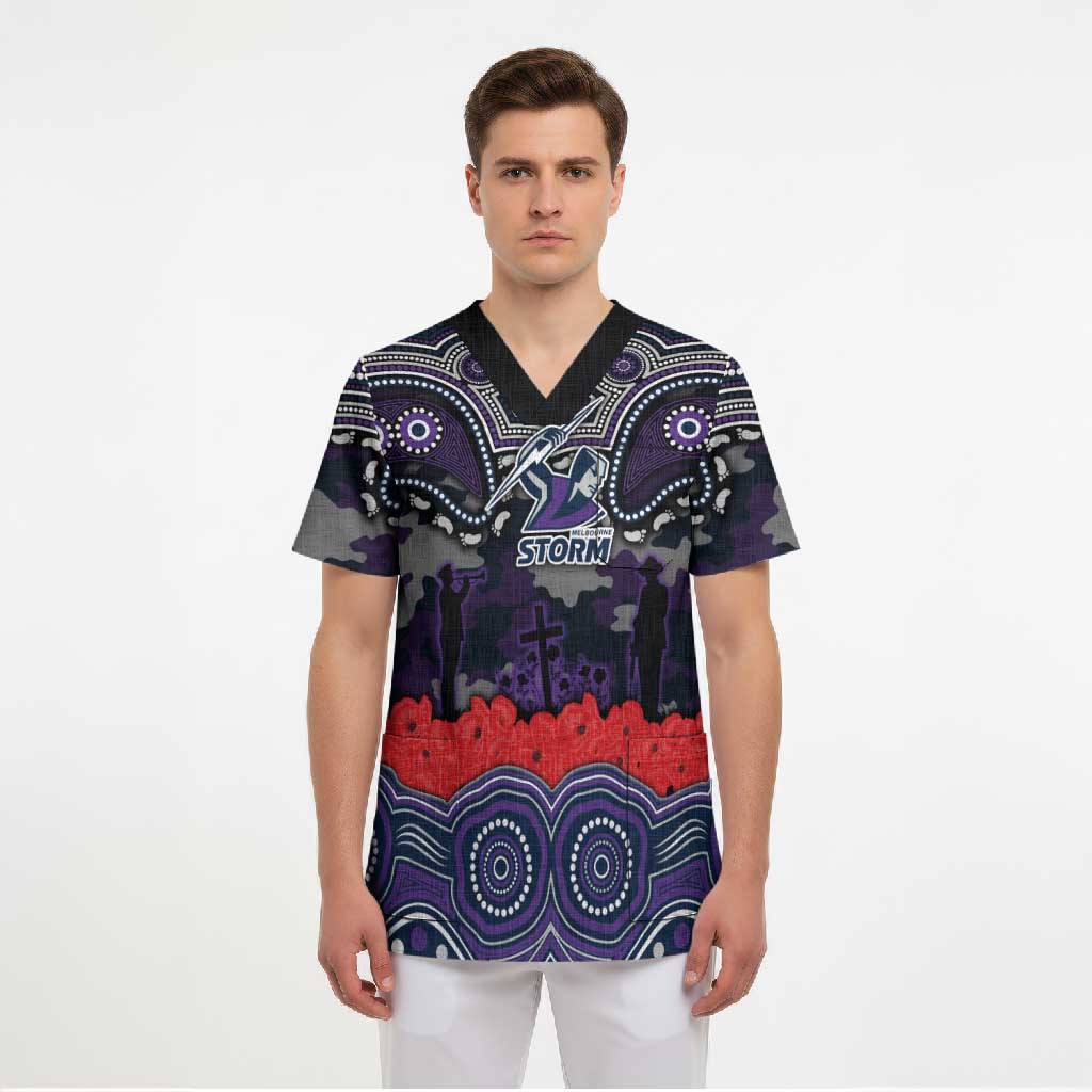 ANZAC Day Melbourne Storm Scrub Top Military Memorial Aboriginal Indigenous Art