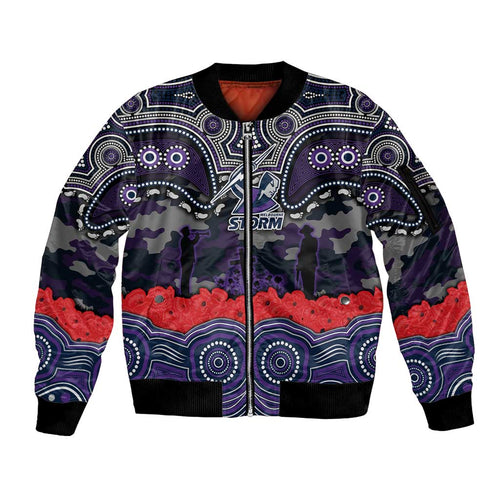 ANZAC Day Melbourne Storm Sleeve Zip Bomber Jacket Military Memorial Aboriginal Indigenous Art