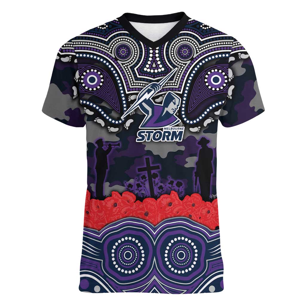 ANZAC Day Melbourne Storm Women V-Neck T-Shirt Military Memorial Aboriginal Indigenous Art