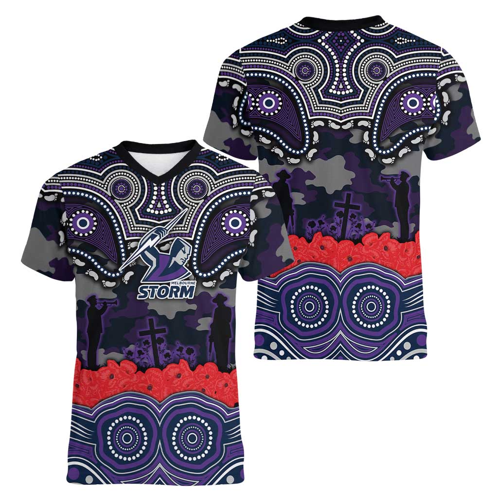 ANZAC Day Melbourne Storm Women V-Neck T-Shirt Military Memorial Aboriginal Indigenous Art