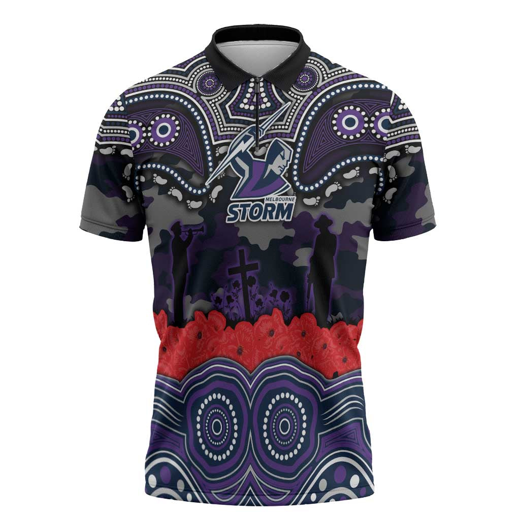 ANZAC Day Melbourne Storm Zipper Polo Shirt Military Memorial Aboriginal Indigenous Art