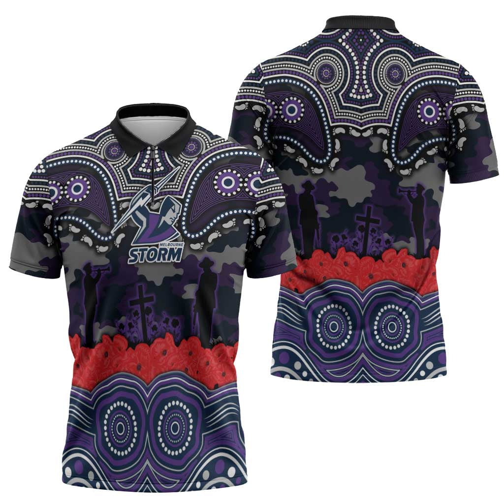 ANZAC Day Melbourne Storm Zipper Polo Shirt Military Memorial Aboriginal Indigenous Art