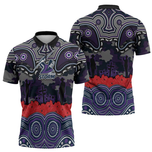 ANZAC Day Melbourne Storm Zipper Polo Shirt Military Memorial Aboriginal Indigenous Art