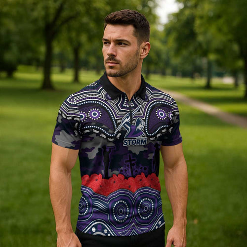 ANZAC Day Melbourne Storm Zipper Polo Shirt Military Memorial Aboriginal Indigenous Art