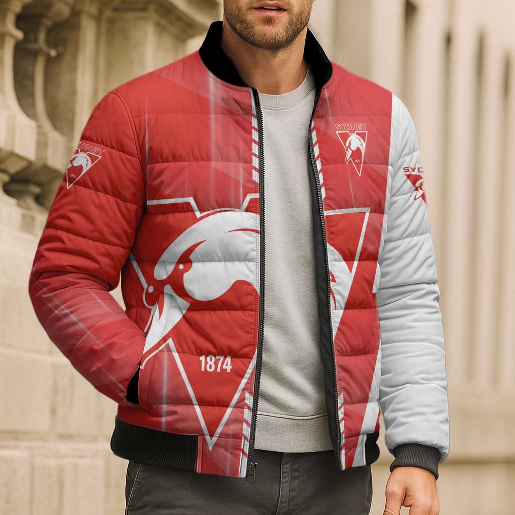 Personalized Sydney Swans Bomber Puffer Jacket Modern Geometric Sports Graphic Style