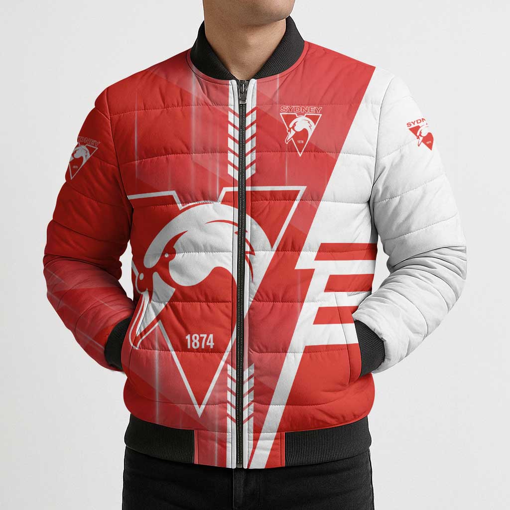Personalized Sydney Swans Bomber Puffer Jacket Modern Geometric Sports Graphic Style