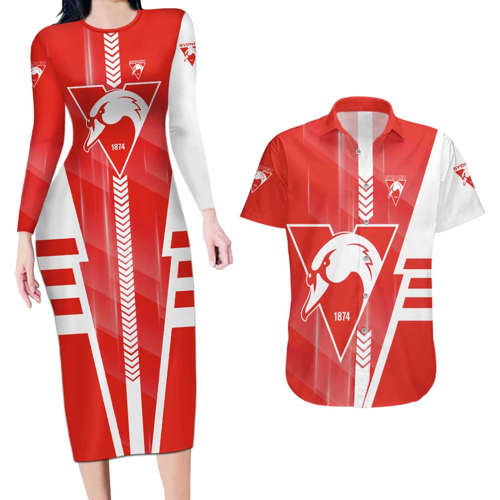 Personalized Sydney Swans Couples Matching Long Sleeve Bodycon Dress and Hawaiian Shirt Modern Geometric Sports Graphic Style