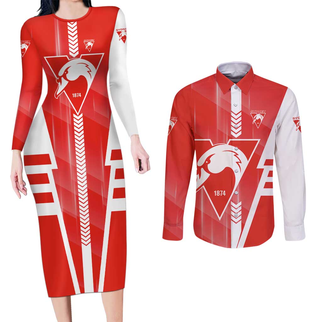 Personalized Sydney Swans Couples Matching Long Sleeve Bodycon Dress and Long Sleeve Button Shirt Modern Geometric Sports Graphic Style