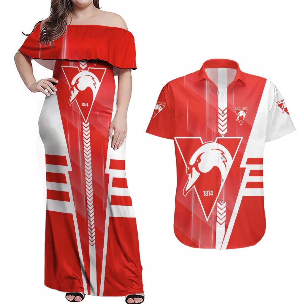 Personalized Sydney Swans Couples Matching Off Shoulder Maxi Dress and Hawaiian Shirt Modern Geometric Sports Graphic Style
