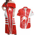 Personalized Sydney Swans Couples Matching Off Shoulder Maxi Dress and Hawaiian Shirt Modern Geometric Sports Graphic Style