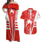 Personalized Sydney Swans Couples Matching Off Shoulder Maxi Dress and Hawaiian Shirt Modern Geometric Sports Graphic Style