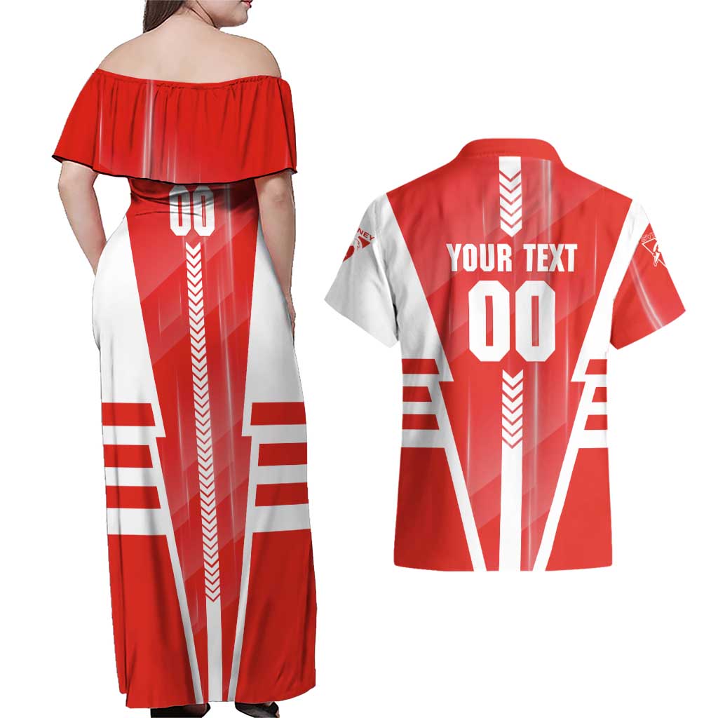 Personalized Sydney Swans Couples Matching Off Shoulder Maxi Dress and Hawaiian Shirt Modern Geometric Sports Graphic Style