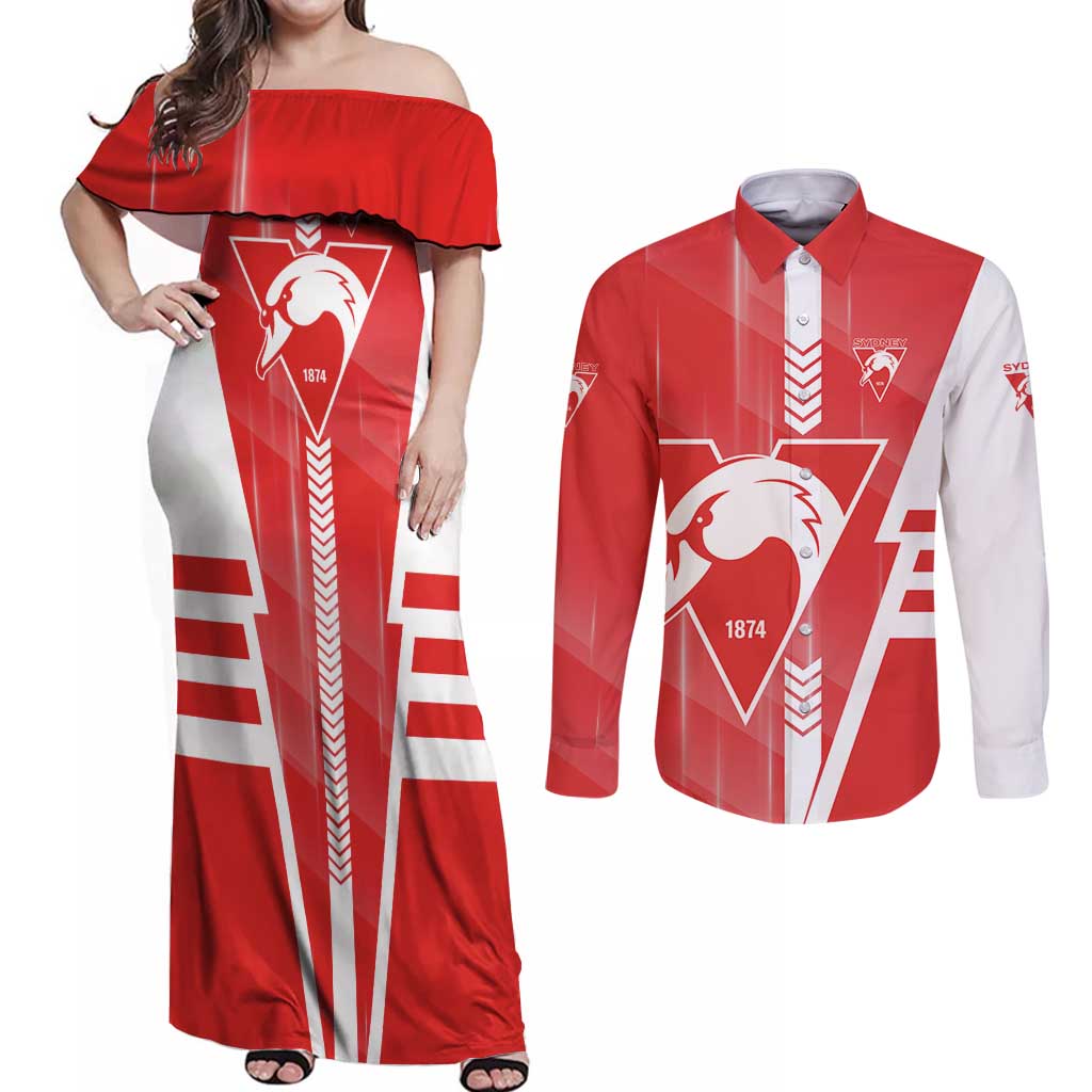 Personalized Sydney Swans Couples Matching Off Shoulder Maxi Dress and Long Sleeve Button Shirt Modern Geometric Sports Graphic Style