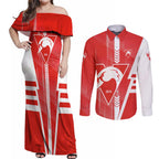 Personalized Sydney Swans Couples Matching Off Shoulder Maxi Dress and Long Sleeve Button Shirt Modern Geometric Sports Graphic Style