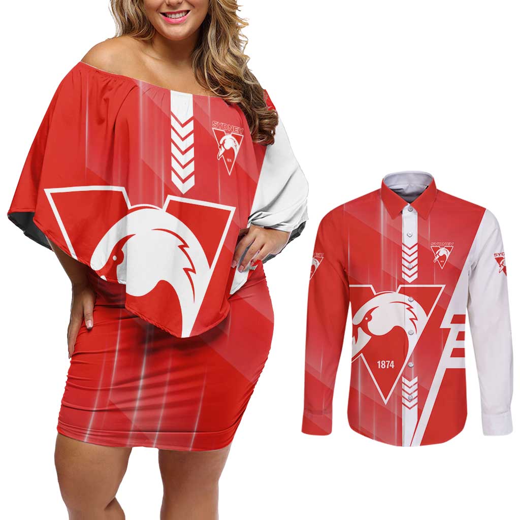 Personalized Sydney Swans Couples Matching Off Shoulder Short Dress and Long Sleeve Button Shirt Modern Geometric Sports Graphic Style