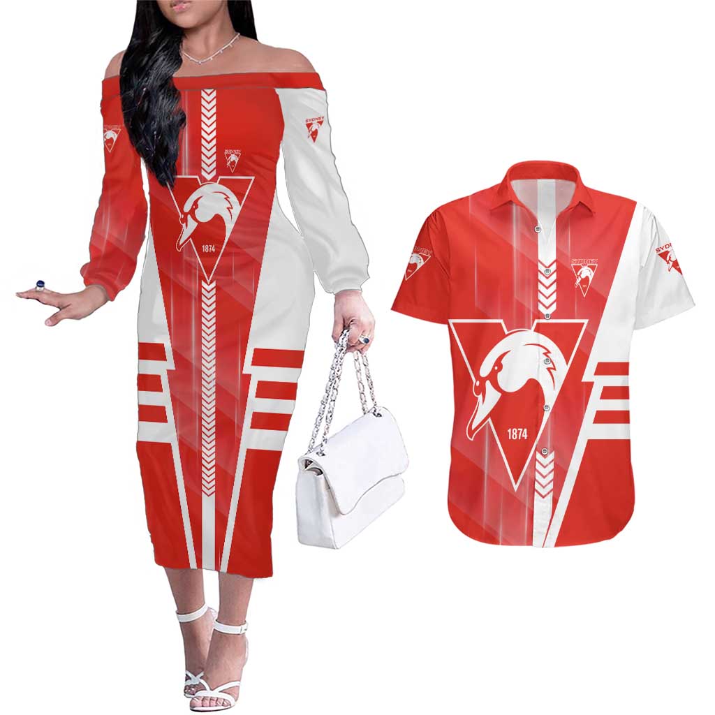 Personalized Sydney Swans Couples Matching Off The Shoulder Long Sleeve Dress and Hawaiian Shirt Modern Geometric Sports Graphic Style
