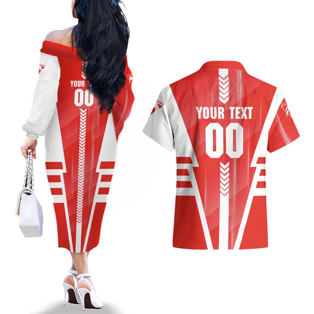 Personalized Sydney Swans Couples Matching Off The Shoulder Long Sleeve Dress and Hawaiian Shirt Modern Geometric Sports Graphic Style