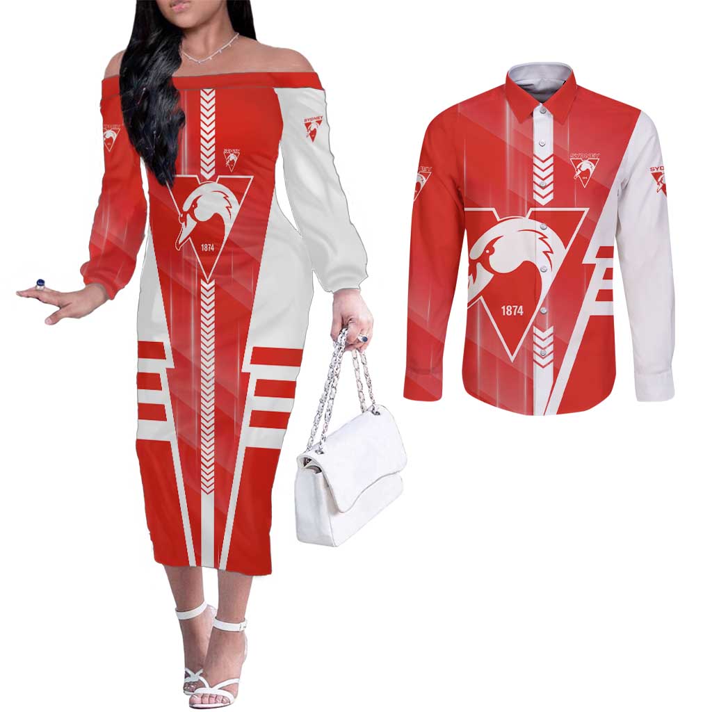 Personalized Sydney Swans Couples Matching Off The Shoulder Long Sleeve Dress and Long Sleeve Button Shirt Modern Geometric Sports Graphic Style
