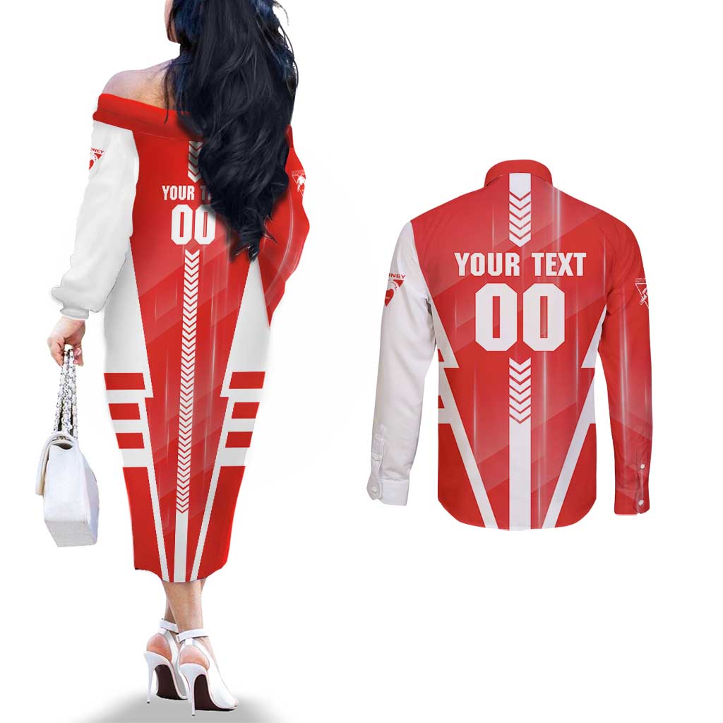 Personalized Sydney Swans Couples Matching Off The Shoulder Long Sleeve Dress and Long Sleeve Button Shirt Modern Geometric Sports Graphic Style