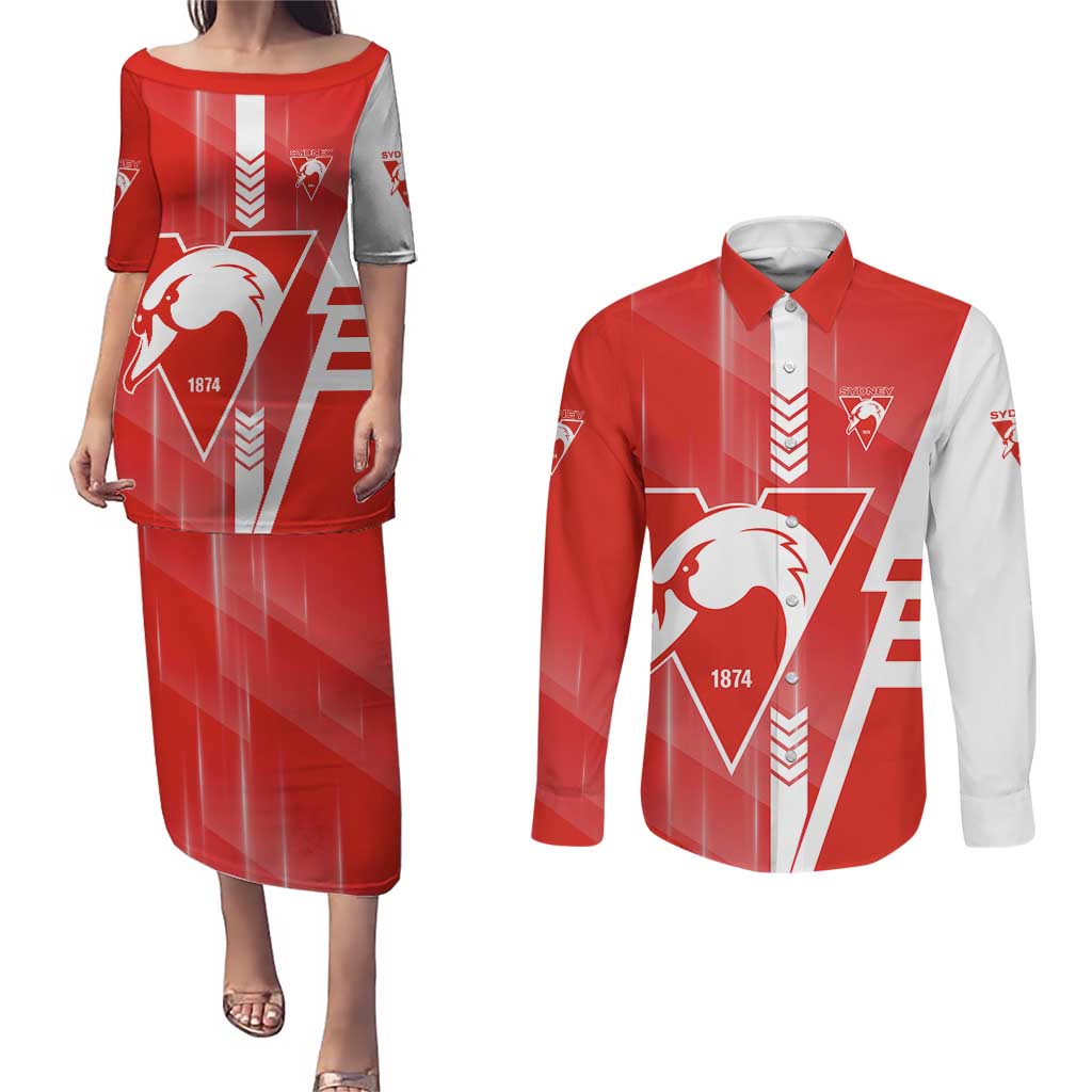 Personalized Sydney Swans Couples Matching Puletasi and Long Sleeve Button Shirt Modern Geometric Sports Graphic Style
