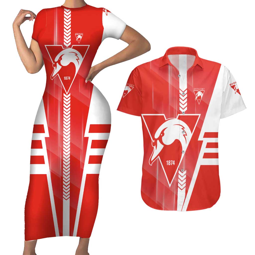 Personalized Sydney Swans Couples Matching Short Sleeve Bodycon Dress and Hawaiian Shirt Modern Geometric Sports Graphic Style