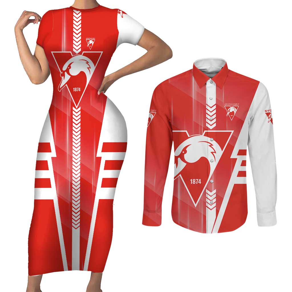Personalized Sydney Swans Couples Matching Short Sleeve Bodycon Dress and Long Sleeve Button Shirt Modern Geometric Sports Graphic Style