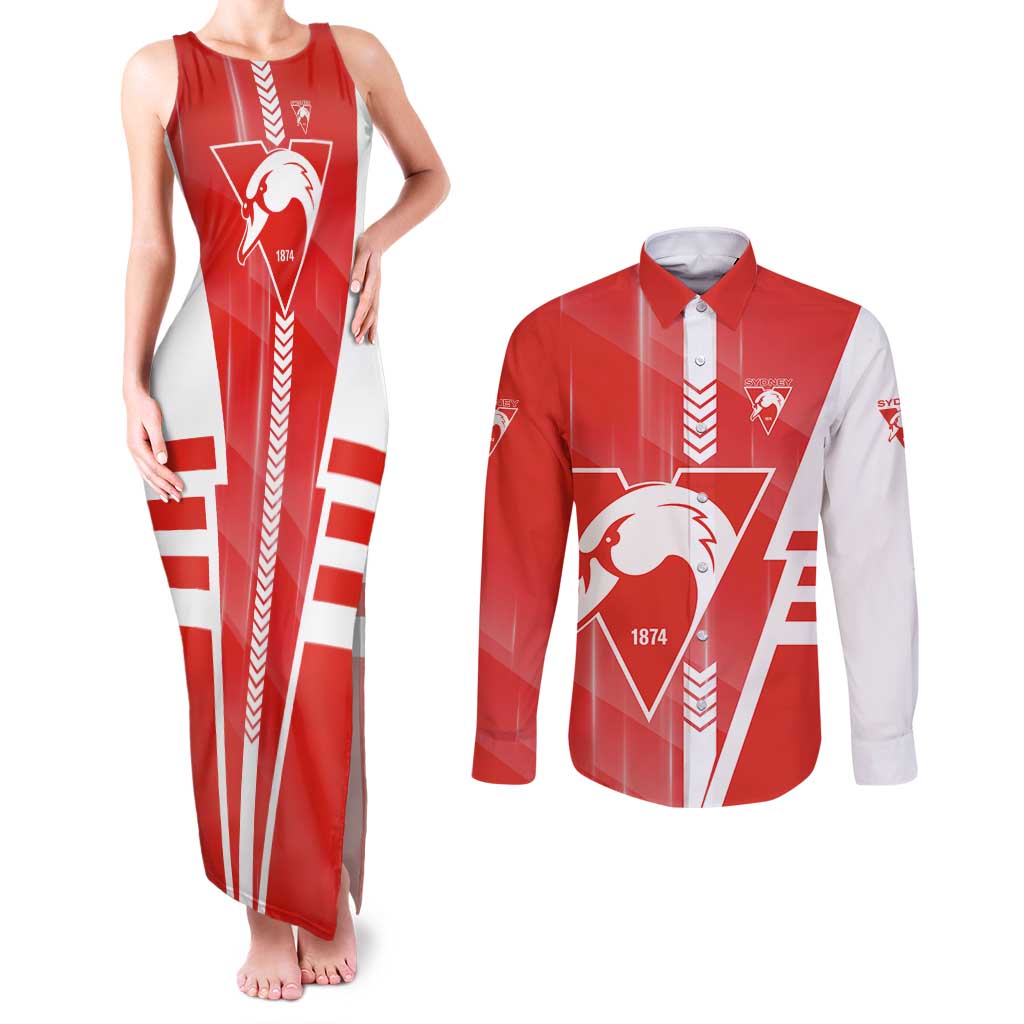Personalized Sydney Swans Couples Matching Tank Maxi Dress and Long Sleeve Button Shirt Modern Geometric Sports Graphic Style