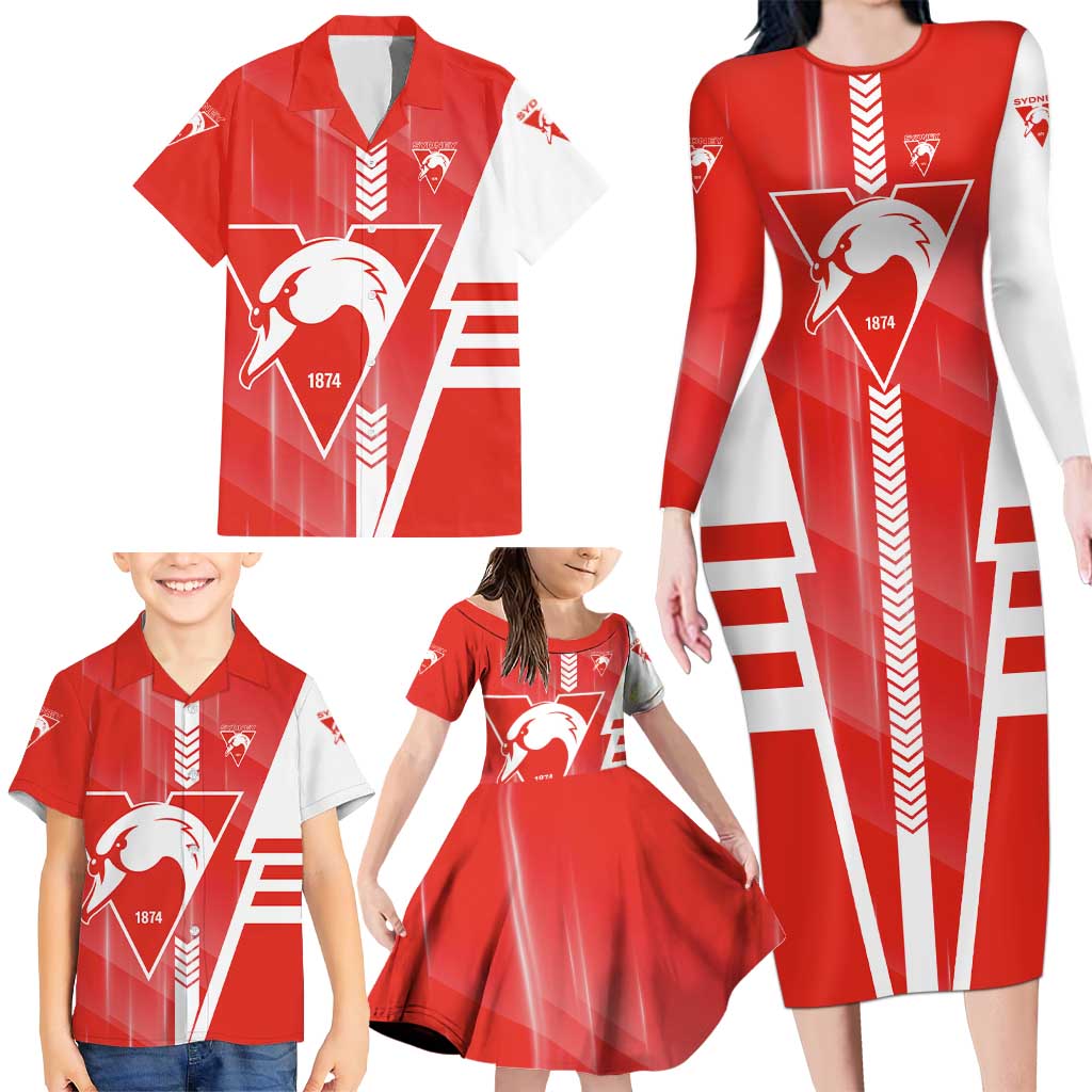 Personalized Sydney Swans Family Matching Long Sleeve Bodycon Dress and Hawaiian Shirt Modern Geometric Sports Graphic Style