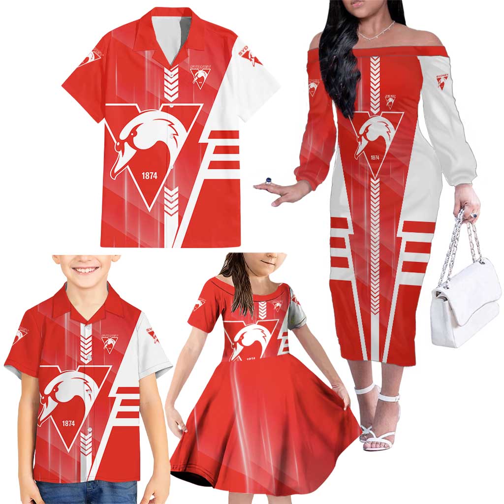Personalized Sydney Swans Family Matching Off The Shoulder Long Sleeve Dress and Hawaiian Shirt Modern Geometric Sports Graphic Style