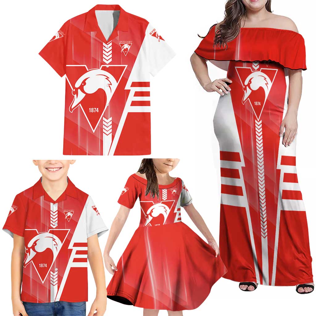 Personalized Sydney Swans Family Matching Off Shoulder Maxi Dress and Hawaiian Shirt Modern Geometric Sports Graphic Style