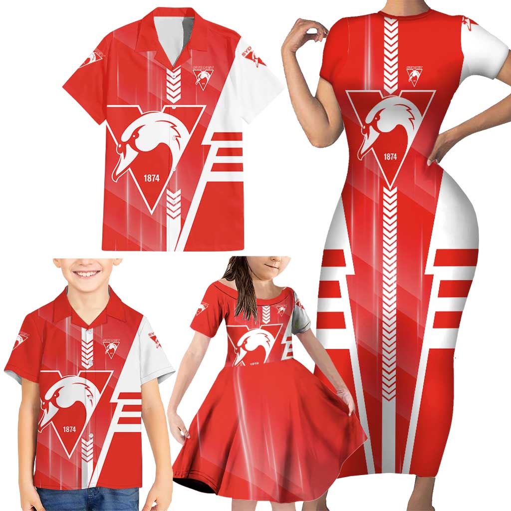 Personalized Sydney Swans Family Matching Short Sleeve Bodycon Dress and Hawaiian Shirt Modern Geometric Sports Graphic Style
