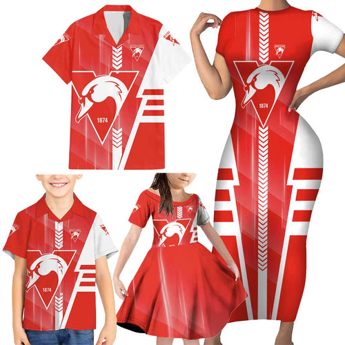 Personalized Sydney Swans Family Matching Short Sleeve Bodycon Dress and Hawaiian Shirt Modern Geometric Sports Graphic Style