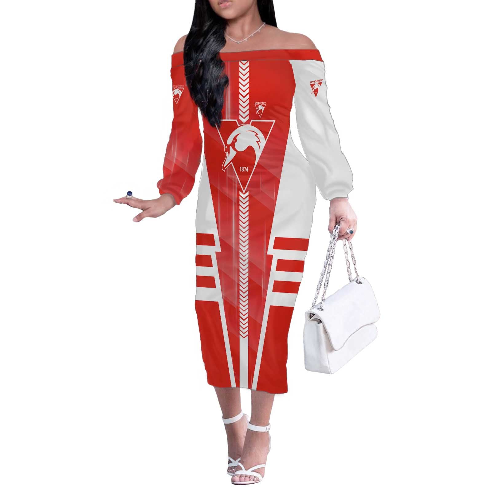 Personalized Sydney Swans Off The Shoulder Long Sleeve Dress Modern Geometric Sports Graphic Style
