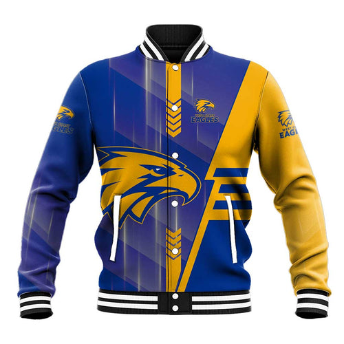 Personalized West Coast Eagles Baseball Jacket Modern Geometric Sports Graphic Style