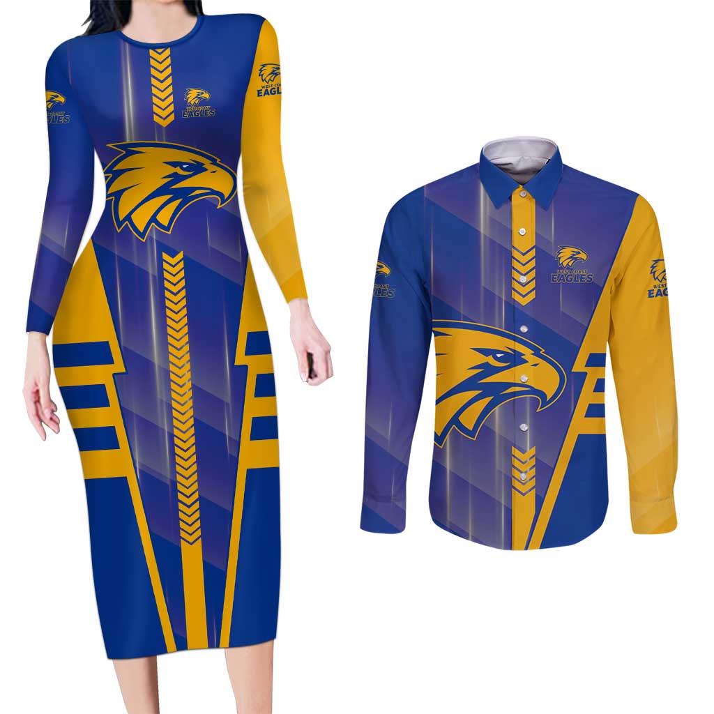 Personalized West Coast Eagles Couples Matching Long Sleeve Bodycon Dress and Long Sleeve Button Shirt Modern Geometric Sports Graphic Style