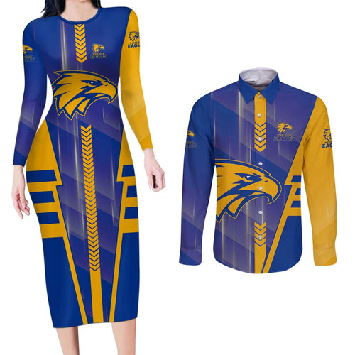 Personalized West Coast Eagles Couples Matching Long Sleeve Bodycon Dress and Long Sleeve Button Shirt Modern Geometric Sports Graphic Style