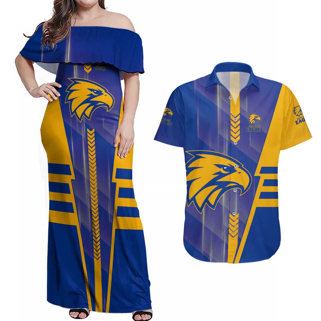 Personalized West Coast Eagles Couples Matching Off Shoulder Maxi Dress and Hawaiian Shirt Modern Geometric Sports Graphic Style