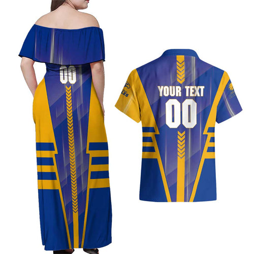 Personalized West Coast Eagles Couples Matching Off Shoulder Maxi Dress and Hawaiian Shirt Modern Geometric Sports Graphic Style
